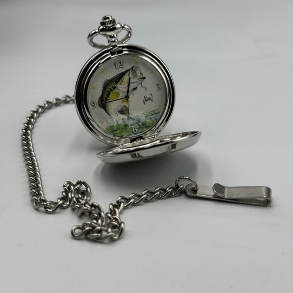 Al Agnew Pocket Watch Men Silver Tone Bass Fish Dial Chain Included New Battery - Picture 4 of 12